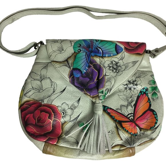 Anuschka NEVER USED Handpainted Leather Shoulder Bag Tassel Butterfly - Picture 1 of 12
